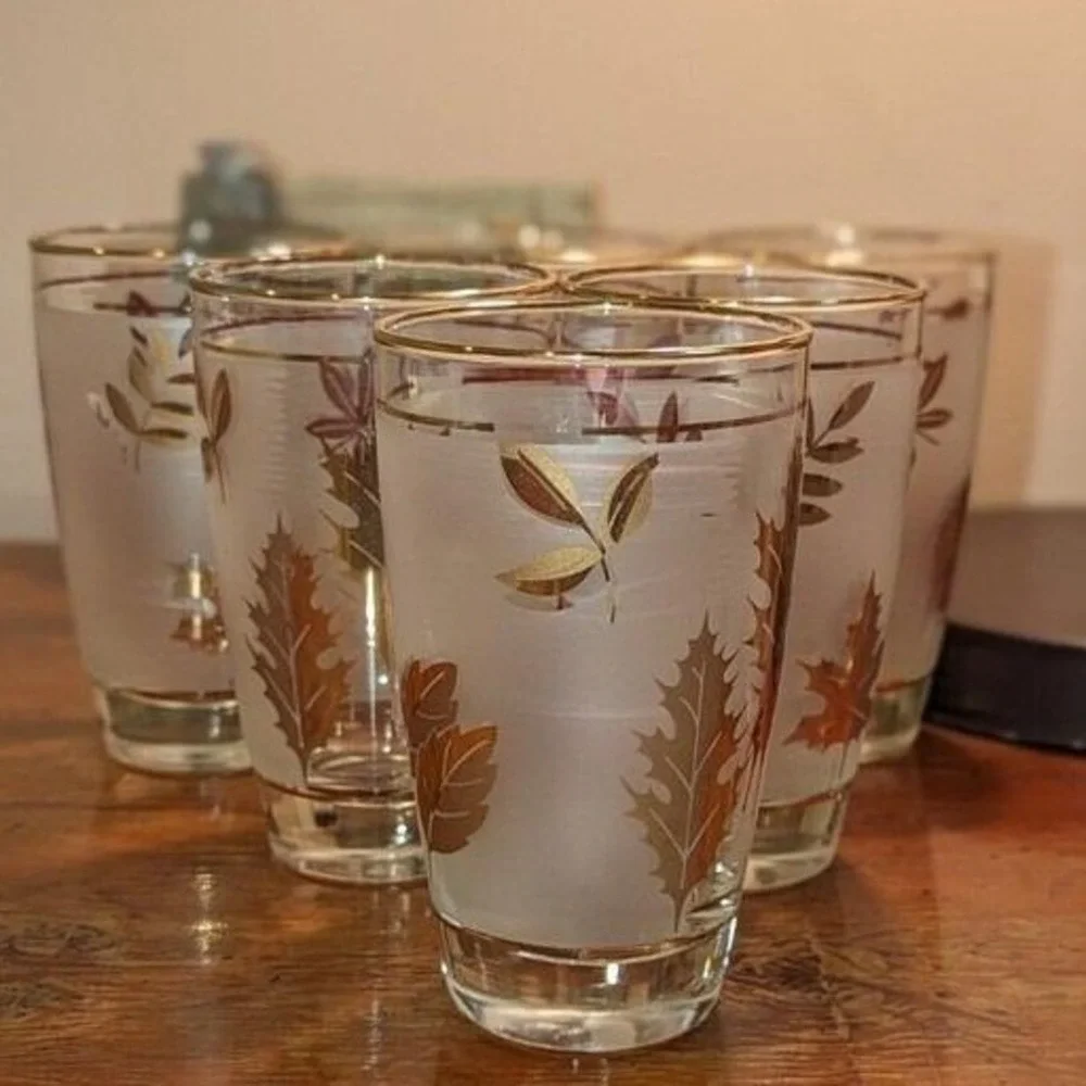 Vintage‎ MCM Gold Leaf Libbey Frosted Tumblers Set of 4 Cocktail Glasses